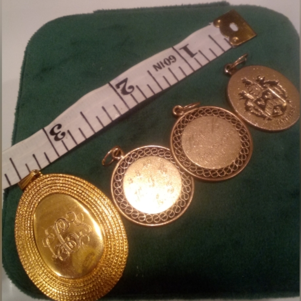 4 LRG Vintage Antique Gold Engraved Personalized Coin Medallions Necklace Charms